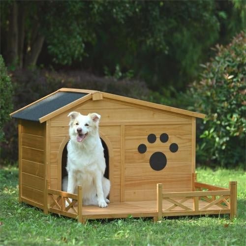 48 Wooden Dog House Outdoor With Porch, Dog Kennel With Water - Resistant Asphalt Roof And Fencing,Indoor & Outdoor Dog Crate With Paw Print, Medium, Nature - Serenity Spaces