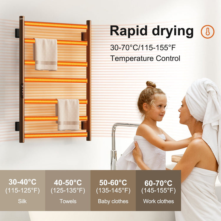 SIOYIE Towel Warmer Bathroom Wall Mounted 6 Bars Electric Towel Drying, 150 W 500 800 MM Heated Towel Rack With Intelligent Touch Screen Timer And Temperature Control Black Left - Serenity Spaces