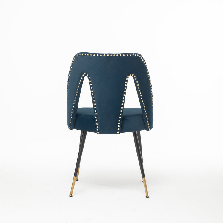 A&A Furniture,Akoya Collection Modern Contemporary Velvet Upholstered Dining Chair With Nailheads And Gold Tipped Black Metal Legs,Blue,Set Of 2 - Serenity Spaces