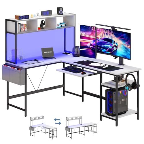 L Shaped Gaming Desk 67, Reversible Computer Desks With Led Lights Corner Table With Keyboard Tray Side Bag Storage Shelf Metal Frame - Serenity Spaces