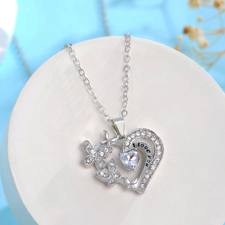 Ins Butterfly Love Necklace With Rhinestones Fashion Personality Hollow Heart - shaped Clavicle Chain Pendant Necklace For Valentine&