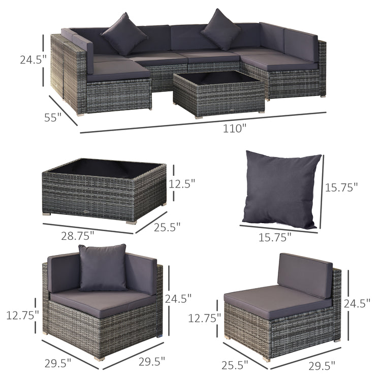 7 Piece Wicker Patio Furniture For Backyard Outdoor Sectional Sofa With Cushions Tempered Glass Coffee Table Pillows Gray - Serenity Spaces