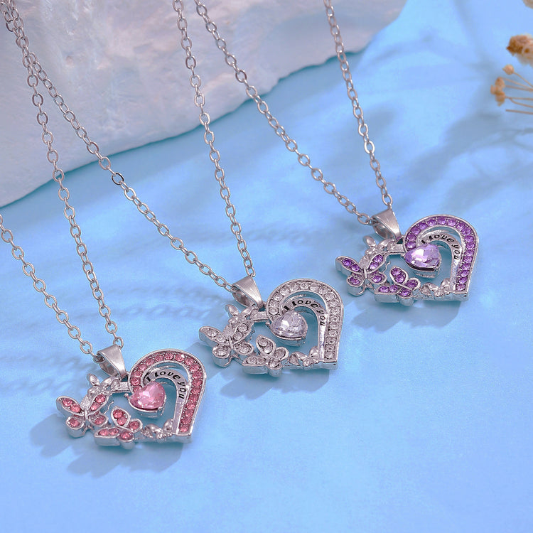 Ins Butterfly Love Necklace With Rhinestones Fashion Personality Hollow Heart - shaped Clavicle Chain Pendant Necklace For Valentine&