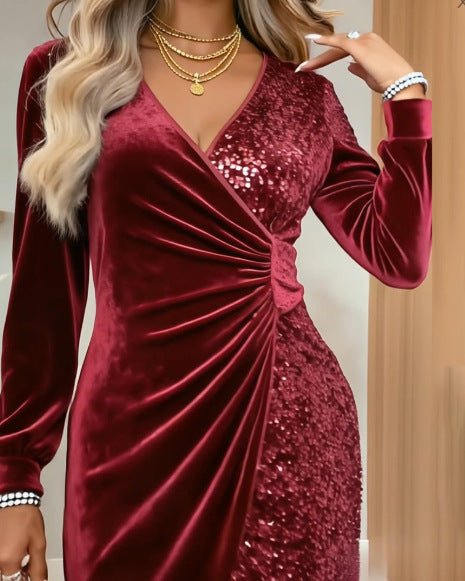 Fashionable V - neck Sequin Velvet Bodycon Dress - Serenity Spaces