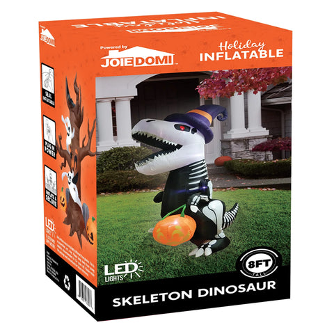 8 FT Halloween Inflatable Skeleton Dinosaur with Build-In Leds Pumpkin Decorations,Halloween Outdoor Decorations Blow up Yard Decorations