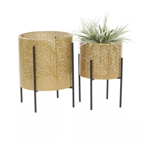 15 In., and 14 In. Medium Gold Metal Indoor Outdoor Planter with Removable Stand (2- Pack)