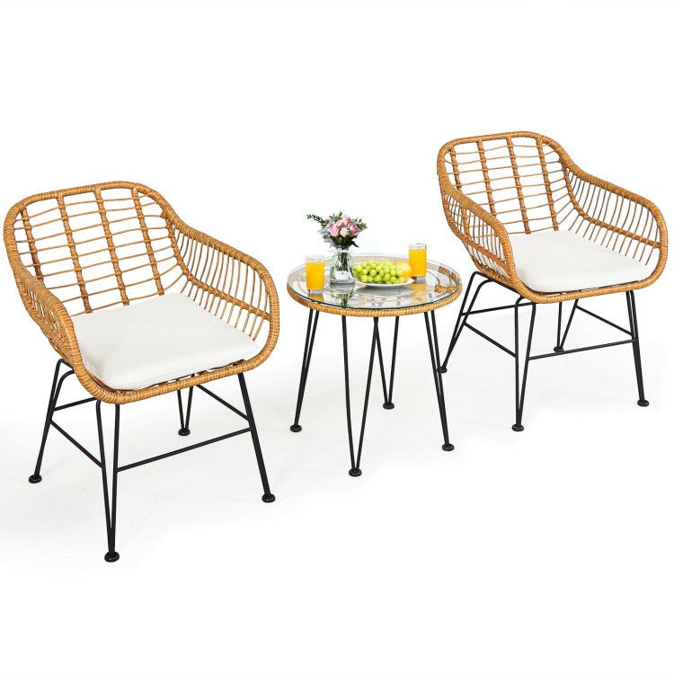 3 Pieces Rattan Furniture Set With Cushioned Chair Table - Serenity Spaces