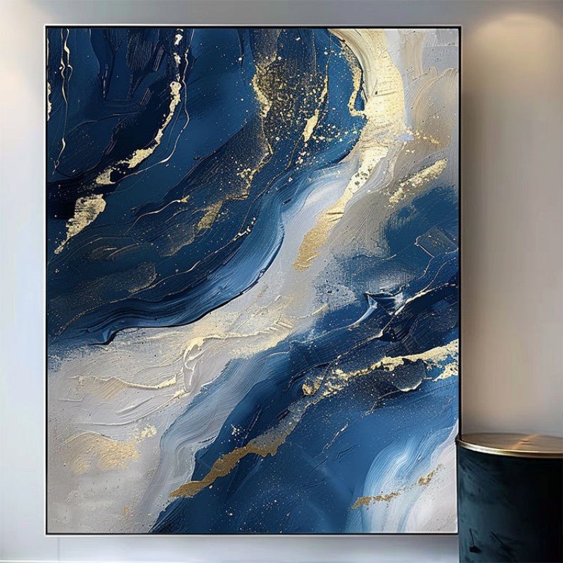 Luxury Handmade Abstract Oil Painting Wall Art Modern Golden Blue Minimalist Texture Canvas Mural For Living Room Decor Frameless - Serenity Spaces