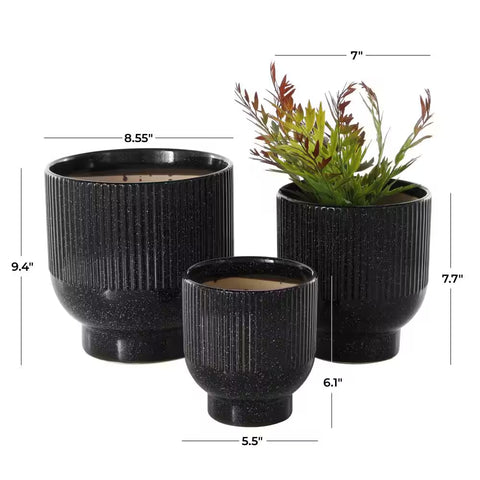 9 In., 8 In. and 6 In. Small Black Ceramic Speckled Planter with Linear Grooves and Tapered Bases (3-Pack)
