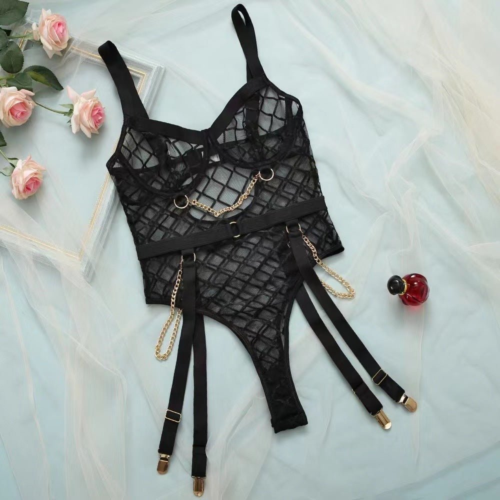 One - piece Lingerie One Piece Metal Chain Grid Passion Sexy Underwear - Serenity Spaces