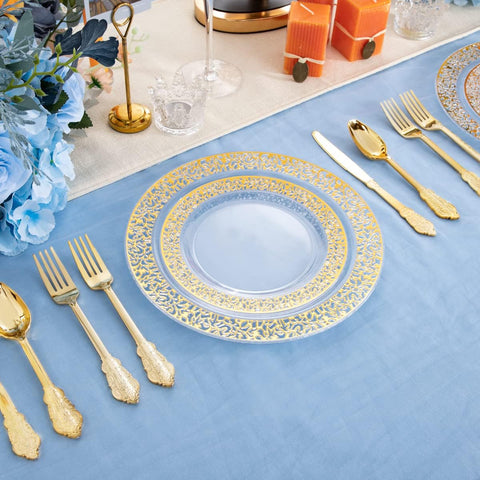 150Pcs Clear Gold Lace Plastic Party Plates Disposable Dinnerware Set Include 30 Dinner Plate-30 Dessert Plate-90 Gold Silverware Perfect for Birthday Wedding Party Dinner