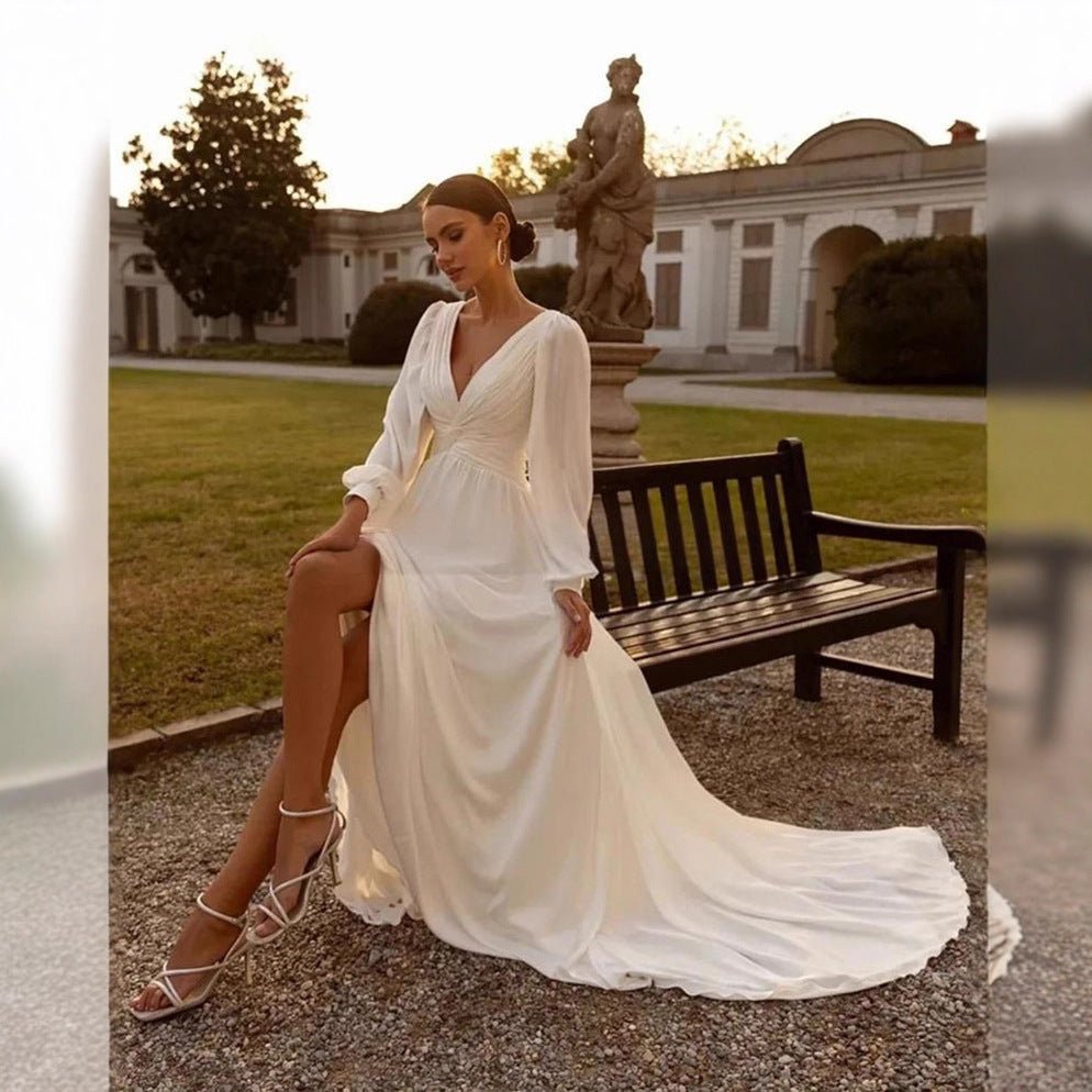 Bridal Chiffon Deep V Satin Long Sleeve Light Yarn Gown - Serenity Spaces
