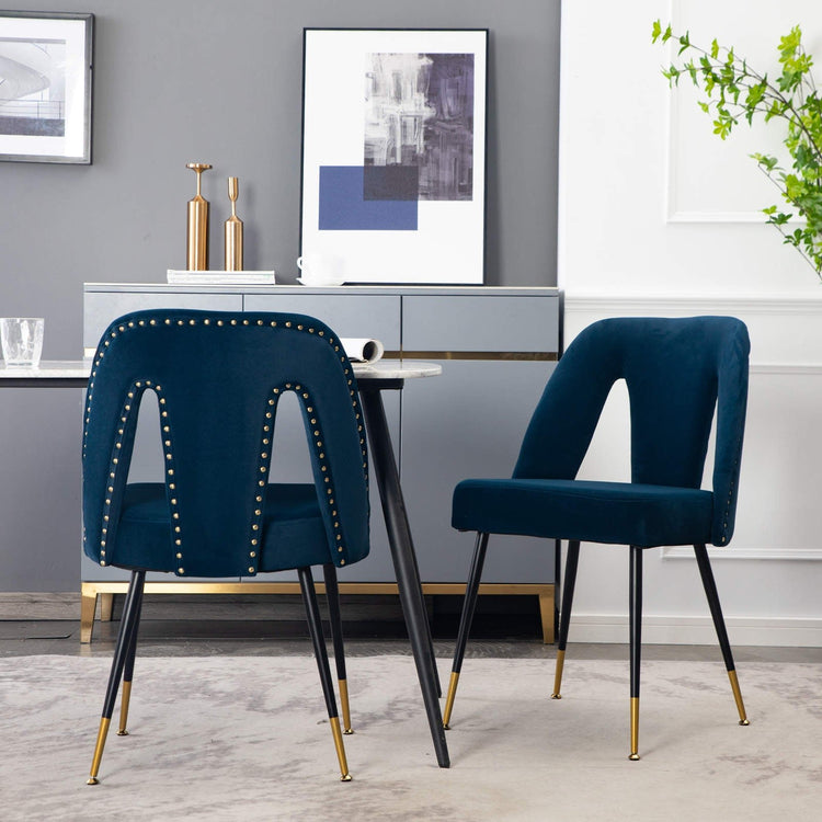 A&A Furniture,Akoya Collection Modern Contemporary Velvet Upholstered Dining Chair With Nailheads And Gold Tipped Black Metal Legs,Blue,Set Of 2 - Serenity Spaces