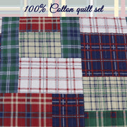 Navy Blue Green Red Plaid 100% Cotton Quilt Bedding Set, Reversible Coverlet, Bedspread (England Patchwork, Queen - 3 Piece)