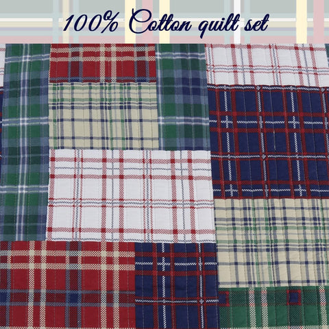 Navy Blue Green Red Plaid 100% Cotton Quilt Bedding Set, Reversible Coverlet, Bedspread (England Patchwork, Queen - 3 Piece)