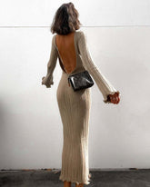 Fashion Slim Long - sleeved Ruffled Long Dress Sexy Hip - wrapped Back - less Knitted Maxi Dresses For Party Beach Womens Clothing - Serenity Spaces