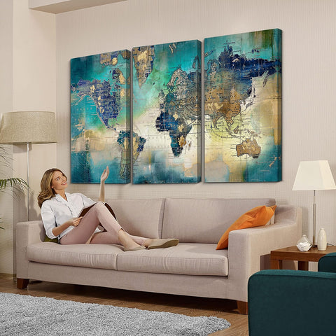 Canvas Wall Art for Living Room - World Map Wall Decor - Large Wall Art for Bedroom - Office Artwork - Map Wall Art 16"X32" 3 Piece Canvas Wall Art