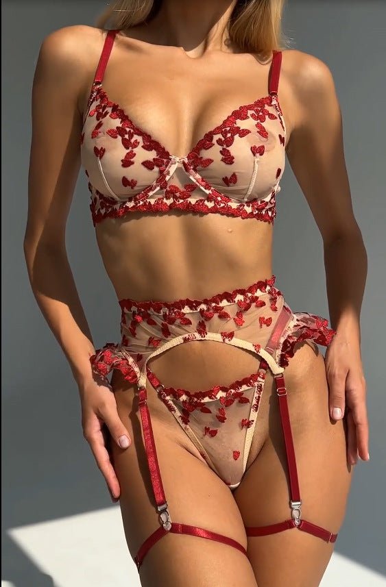 4 PCs Set Love Embroidered Mesh Lingerie Bra - Serenity Spaces