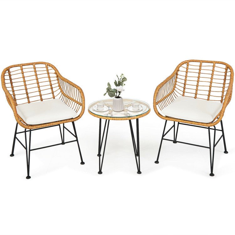 3 Pieces Rattan Furniture Set With Cushioned Chair Table - Serenity Spaces