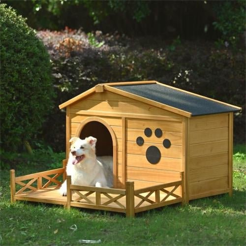 48 Wooden Dog House Outdoor With Porch, Dog Kennel With Water - Resistant Asphalt Roof And Fencing,Indoor & Outdoor Dog Crate With Paw Print, Medium, Nature - Serenity Spaces