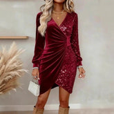 Fashionable V - neck Sequin Velvet Bodycon Dress - Serenity Spaces