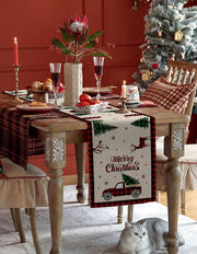Christmas Truck Cotten Linen Table Runners 90 Inches Long, Red Buffalo Plaid, Non-Slip Burlap Table Cloth Runner for Home/Dining/Wedding/Party/Holiday, Farmhouse Christmas Theme Table Decorations