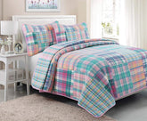 100% Cotton Real Patchwork Pink Blue Green Reversible Quilt Bedding Set, Bedspread, Coverlet (Pink Plaid, Queen - 3 Piece) - Serenity Spaces