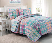 100% Cotton Real Patchwork Pink Blue Green Reversible Quilt Bedding Set, Bedspread, Coverlet (Pink Plaid, Queen - 3 Piece)