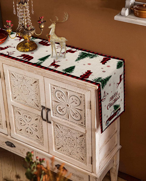 Christmas Truck Cotten Linen Table Runners 90 Inches Long, Red Buffalo Plaid, Non-Slip Burlap Table Cloth Runner for Home/Dining/Wedding/Party/Holiday, Farmhouse Christmas Theme Table Decorations