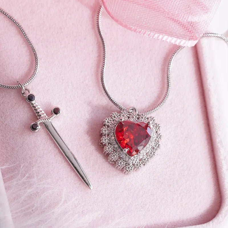 Gothic Punk One Arrow Through The Heart Creative Two Color Couple Necklace Red Rhinestone Heart Dagger Necklace Good Friend Gift Fashion Jewelry - Serenity Spaces