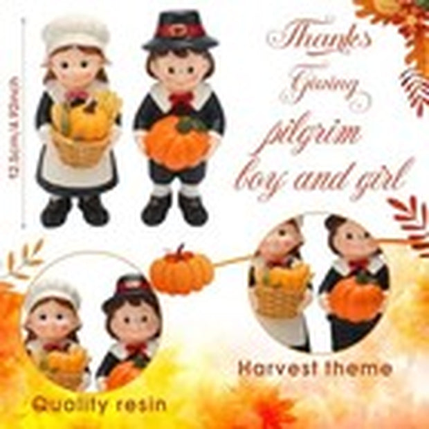 Pack Figurines Thanksgiving Statues Resin Tabletop 2 Fall Pilgrim Couple