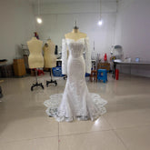 Off - shoulder Lace Long Sleeve Fishtail Gown - Serenity Spaces