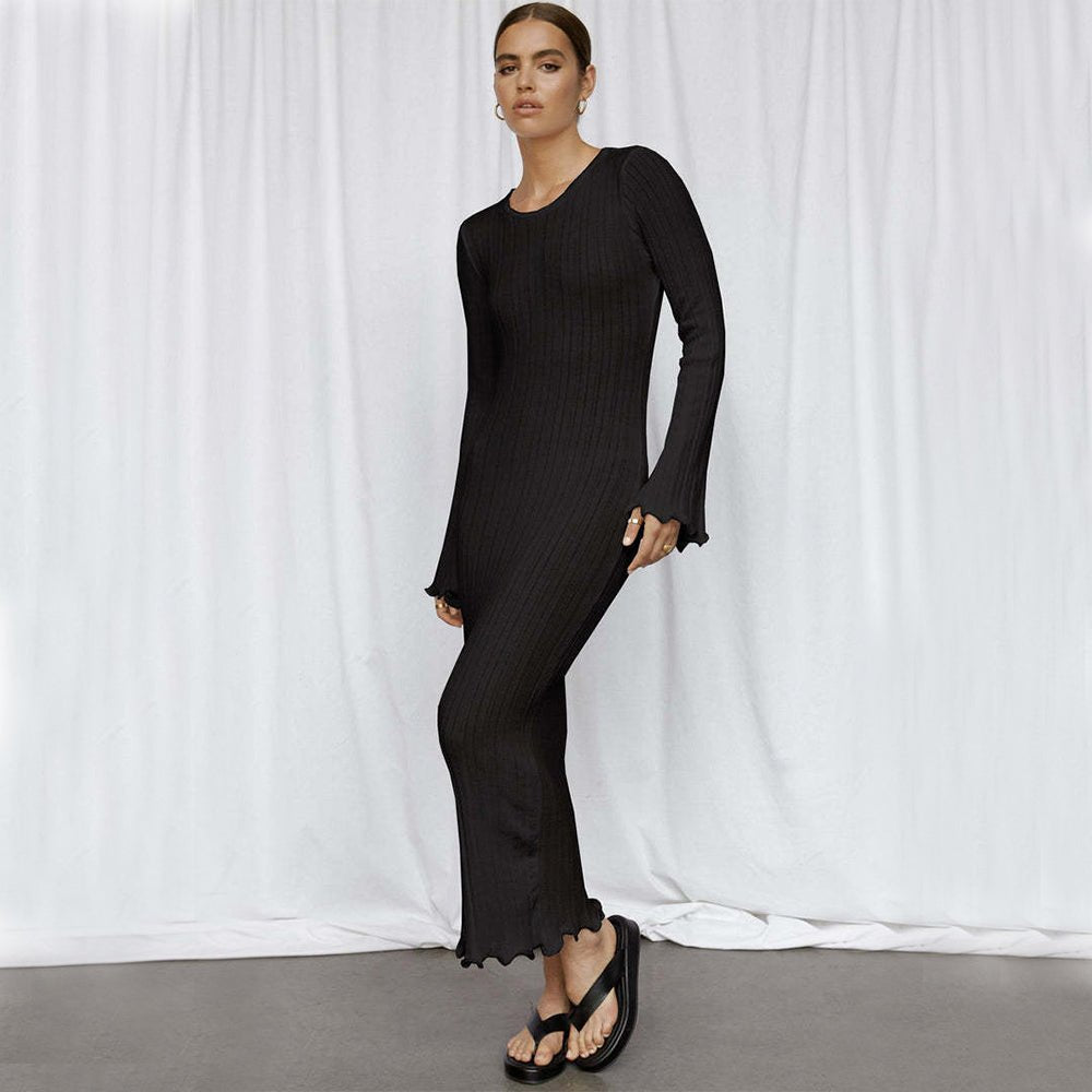 Fashion Slim Long - sleeved Ruffled Long Dress Sexy Hip - wrapped Back - less Knitted Maxi Dresses For Party Beach Womens Clothing - Serenity Spaces