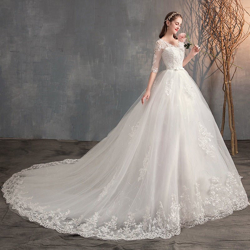 Wedding Dress Trailing Deep V Neck Lace High Waist Wedding Dress Long Sleeves - Serenity Spaces