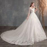 Wedding Dress Trailing Deep V Neck Lace High Waist Wedding Dress Long Sleeves - Serenity Spaces