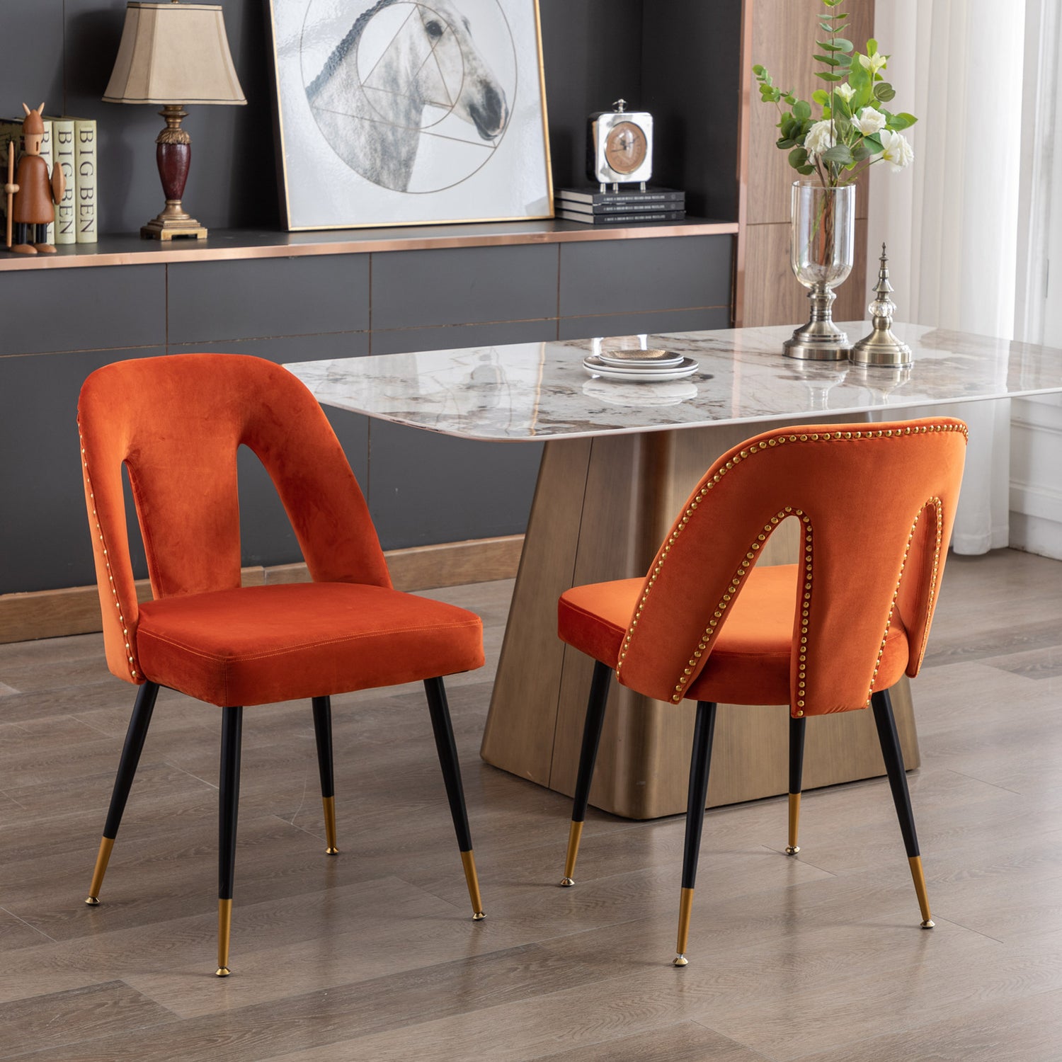 A A Furniture Akoya Collection Modern Contemporary Velvet Upholstered Dining Chair With Nailheads And Gold Tipped Black Metal Legs Orang Set Of 2 - Serenity Spaces