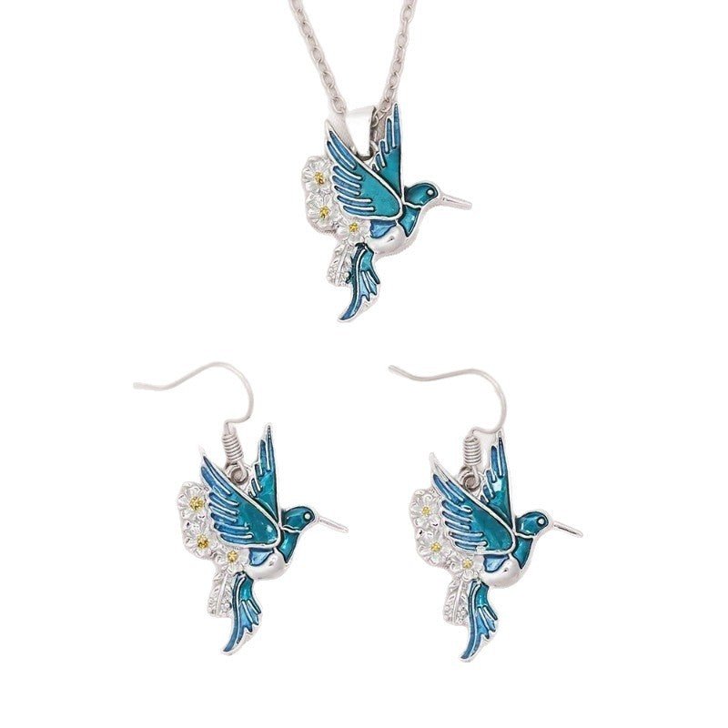 Hummingbird Pendant Necklace Eardrop Set - Serenity Spaces