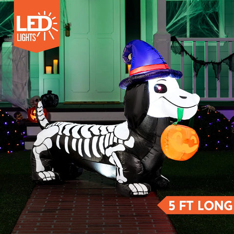 5 FT Halloween Inflatables Light up Pumpkin Skeleton Wiener Dog Long Halloween Inflatables Outdoor Decorations,Blow up Halloween Yard Decorations