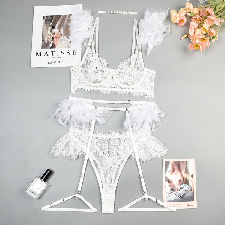 Feather Sexy Lingerie Lace Women Underwear Bra Panty - Serenity Spaces