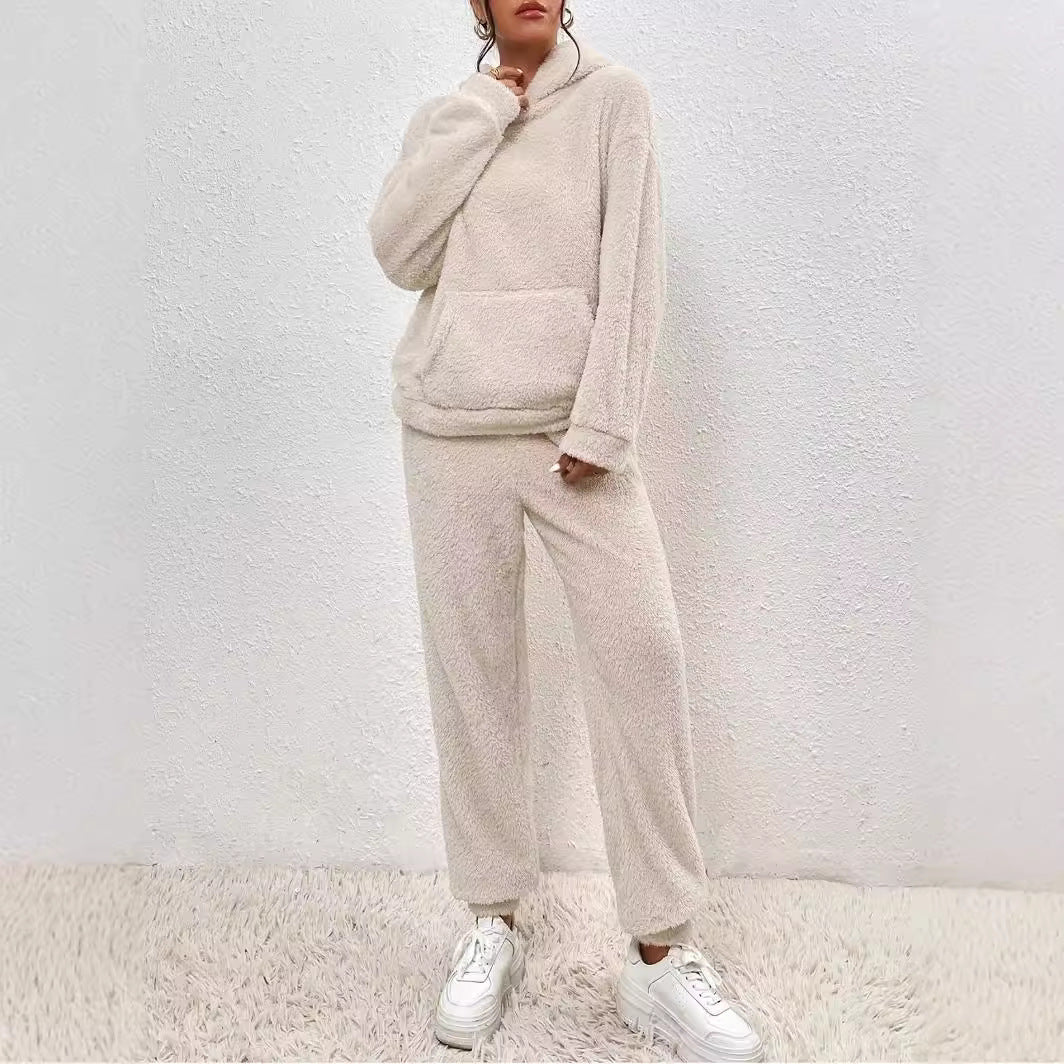 Winter Plush Pajama Set Fashion Casual Hooded Top and Elastic Band Pants Warm Set - Serenity Spaces