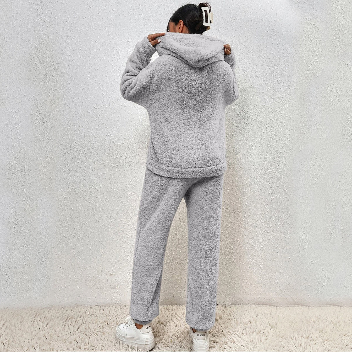 Winter Plush Pajama Set Fashion Casual Hooded Top and Elastic Band Pants Warm Set - Serenity Spaces