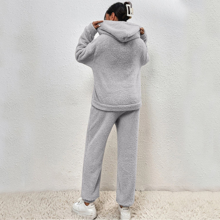 Winter Plush Pajama Set Fashion Casual Hooded Top and Elastic Band Pants Warm Set - Serenity Spaces
