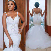 Lace sleeveless fish tail style African bridal wedding dress - Serenity Spaces