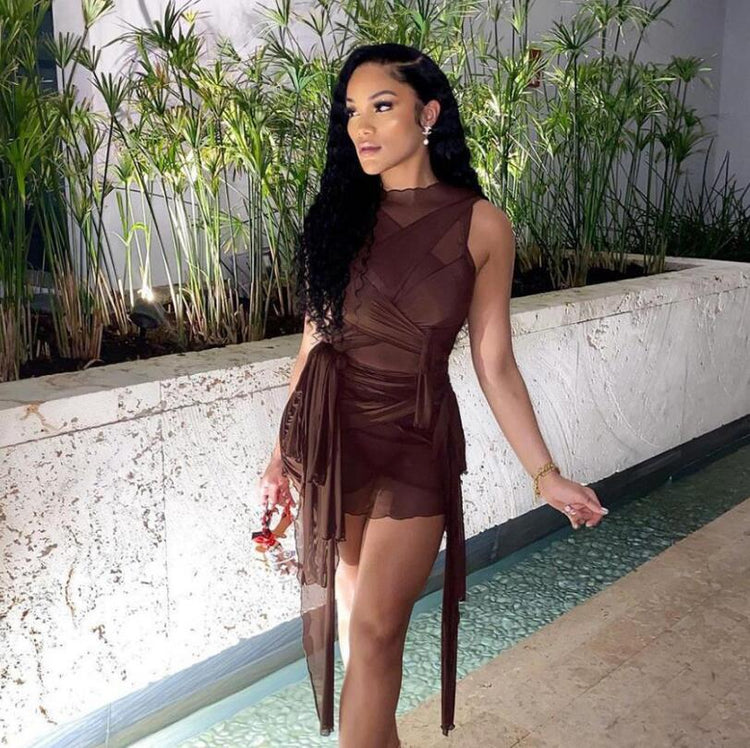 Kliou Ribbons Mesh See Through Bodycon Party Dresses Women Clubwear Mini Dress Solid Sleeveless Basic Female Outfits - Serenity Spaces