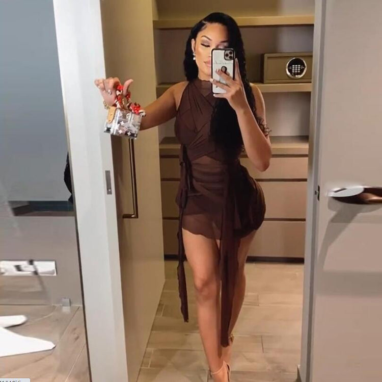 Kliou Ribbons Mesh See Through Bodycon Party Dresses Women Clubwear Mini Dress Solid Sleeveless Basic Female Outfits - Serenity Spaces