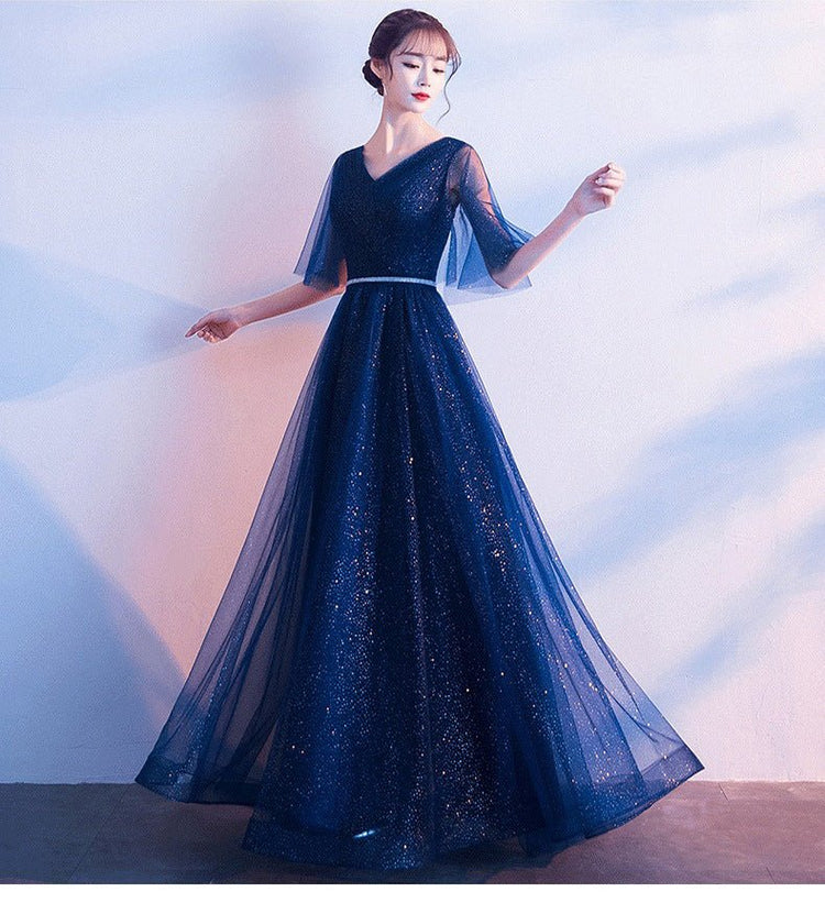 Beauty - Emily Tulle V Neck Ruffle Evening Dresses Long A - line Crystal Formal Dress Party Prom Gowns Lace Up Back Vestido de noche - Serenity Spaces