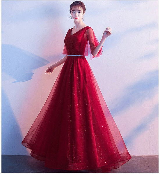 Beauty - Emily Tulle V Neck Ruffle Evening Dresses Long A - line Crystal Formal Dress Party Prom Gowns Lace Up Back Vestido de noche - Serenity Spaces