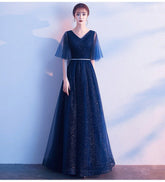 Beauty - Emily Tulle V Neck Ruffle Evening Dresses Long A - line Crystal Formal Dress Party Prom Gowns Lace Up Back Vestido de noche - Serenity Spaces