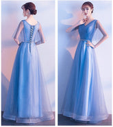 Beauty - Emily Tulle V Neck Ruffle Evening Dresses Long A - line Crystal Formal Dress Party Prom Gowns Lace Up Back Vestido de noche - Serenity Spaces