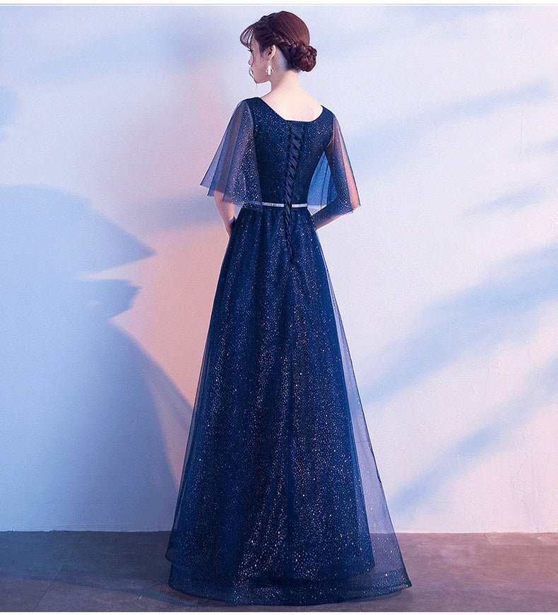 Beauty - Emily Tulle V Neck Ruffle Evening Dresses Long A - line Crystal Formal Dress Party Prom Gowns Lace Up Back Vestido de noche - Serenity Spaces